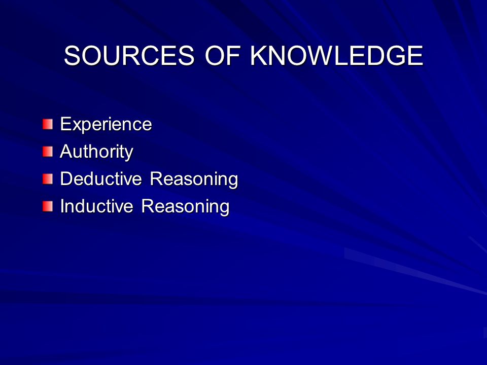 SOURCES OF KNOWLEDGE ExperienceAuthority Deductive Reasoning Inductive Reasoning