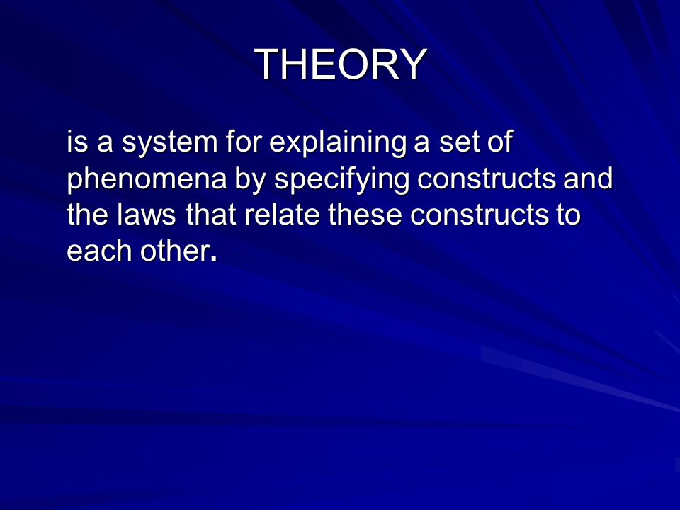 THEORY is a system for explaining a set of phenomena by specifying constructs and the laws that relate these constructs to each other.
