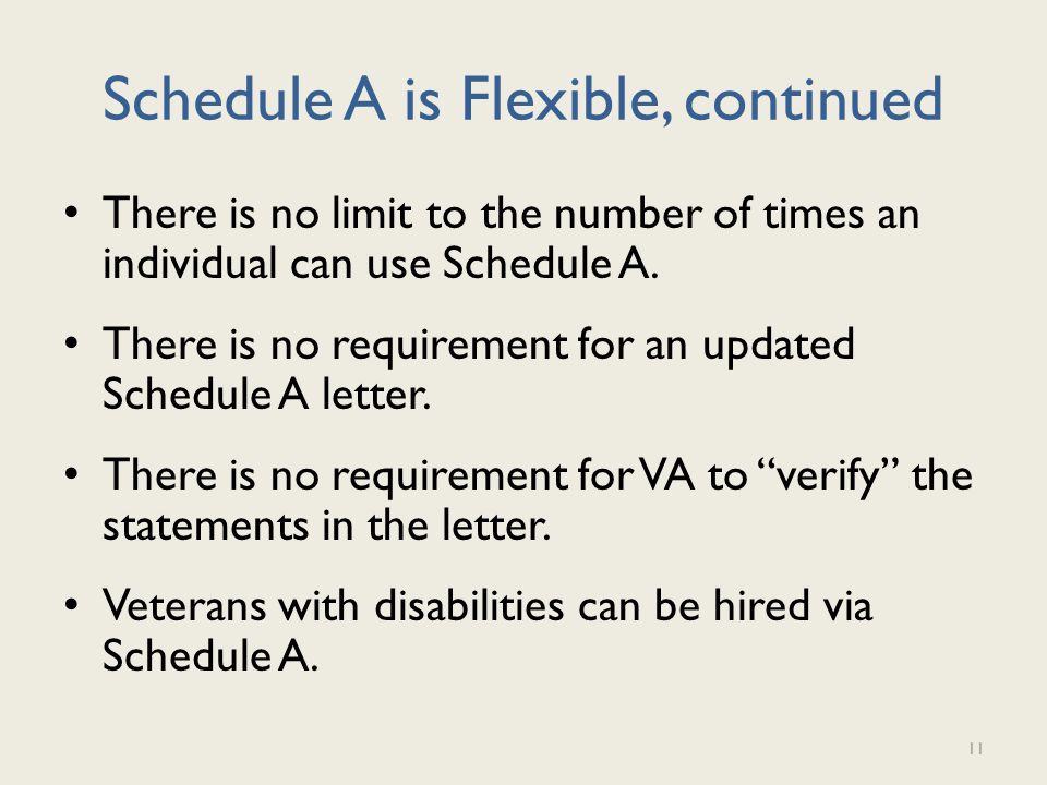 Schedule A is Flexible, continued There is no limit to the number of times an individual can use Schedule A.