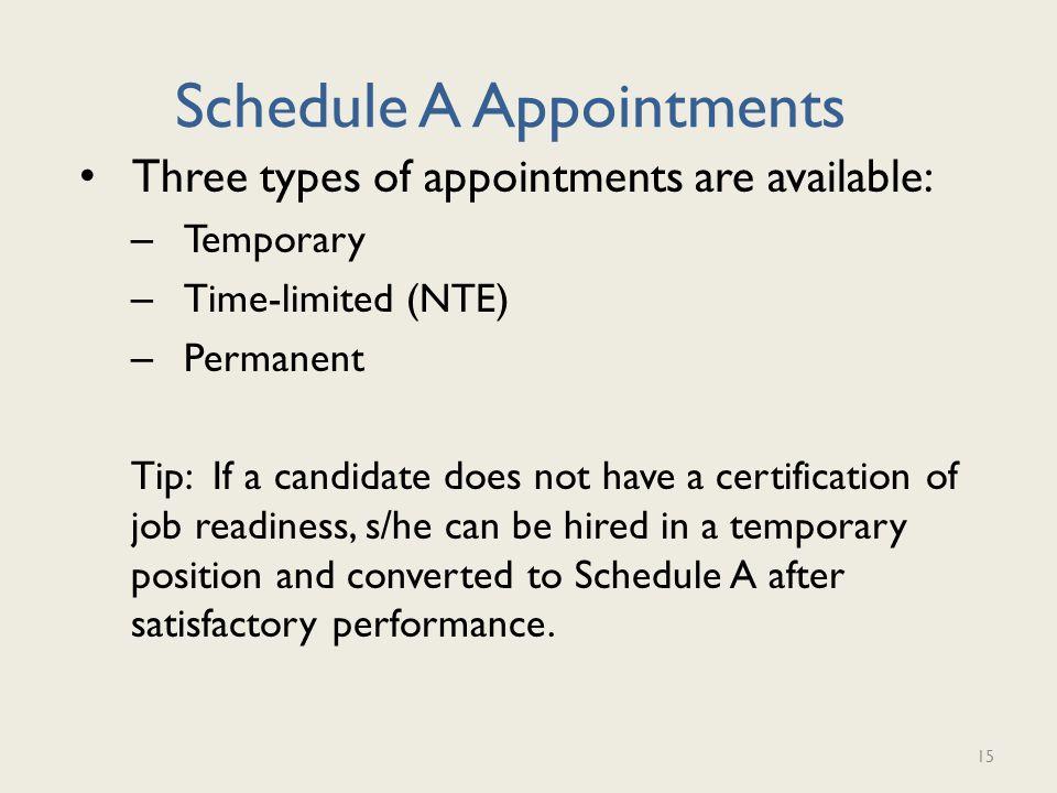 Schedule A Appointments Three types of appointments are available: – Temporary – Time-limited (NTE) – Permanent Tip: If a candidate does not have a certification of job readiness, s/he can be hired in a temporary position and converted to Schedule A after satisfactory performance.