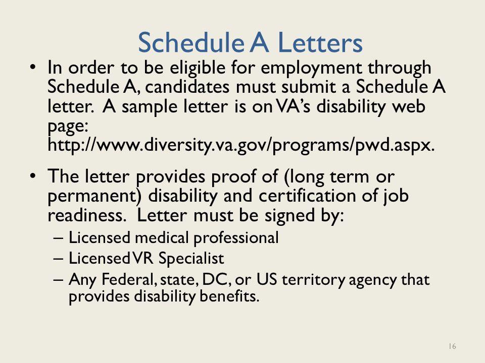Schedule A Letters In order to be eligible for employment through Schedule A, candidates must submit a Schedule A letter.