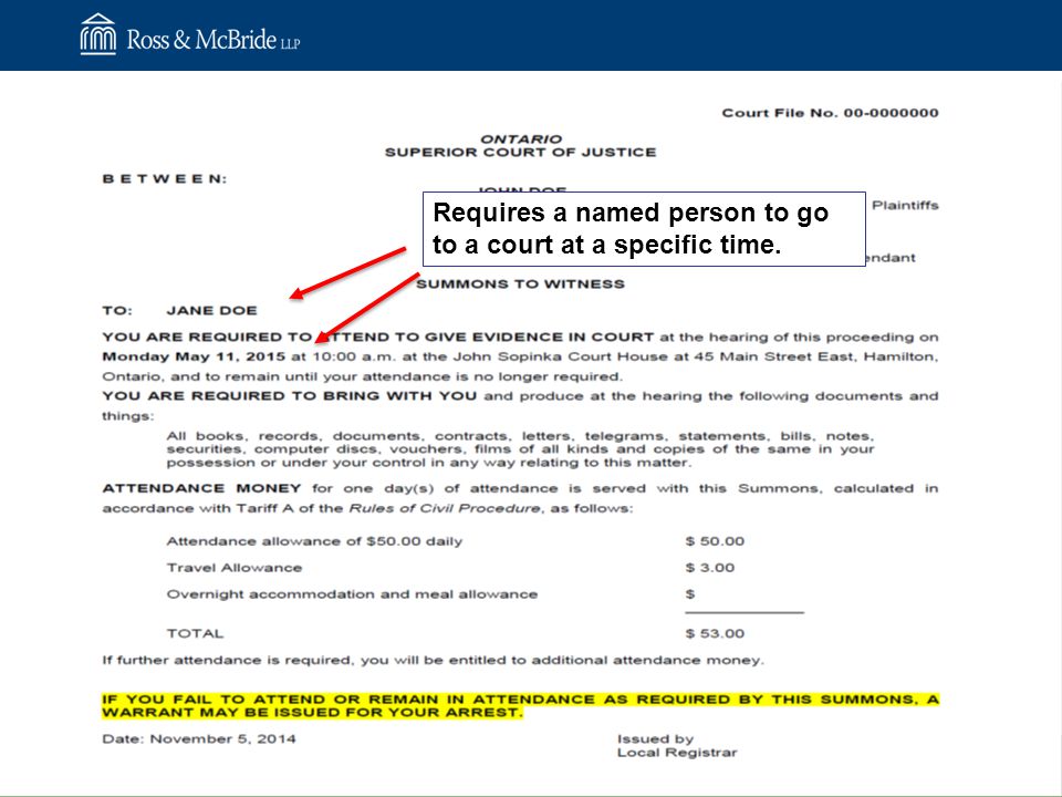 Requires a named person to go to a court at a specific time.