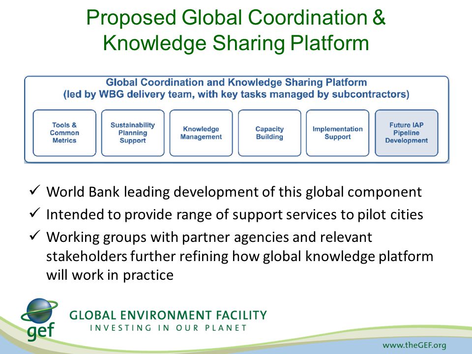 Proposed Global Coordination & Knowledge Sharing Platform World Bank leading development of this global component Intended to provide range of support services to pilot cities Working groups with partner agencies and relevant stakeholders further refining how global knowledge platform will work in practice
