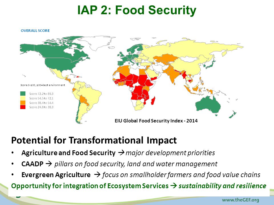 IAP 2: Food Security EIU Global Food Security Index Potential for Transformational Impact Agriculture and Food Security  major development priorities CAADP  pillars on food security, land and water management Evergreen Agriculture  focus on smallholder farmers and food value chains Opportunity for integration of Ecosystem Services  sustainability and resilience