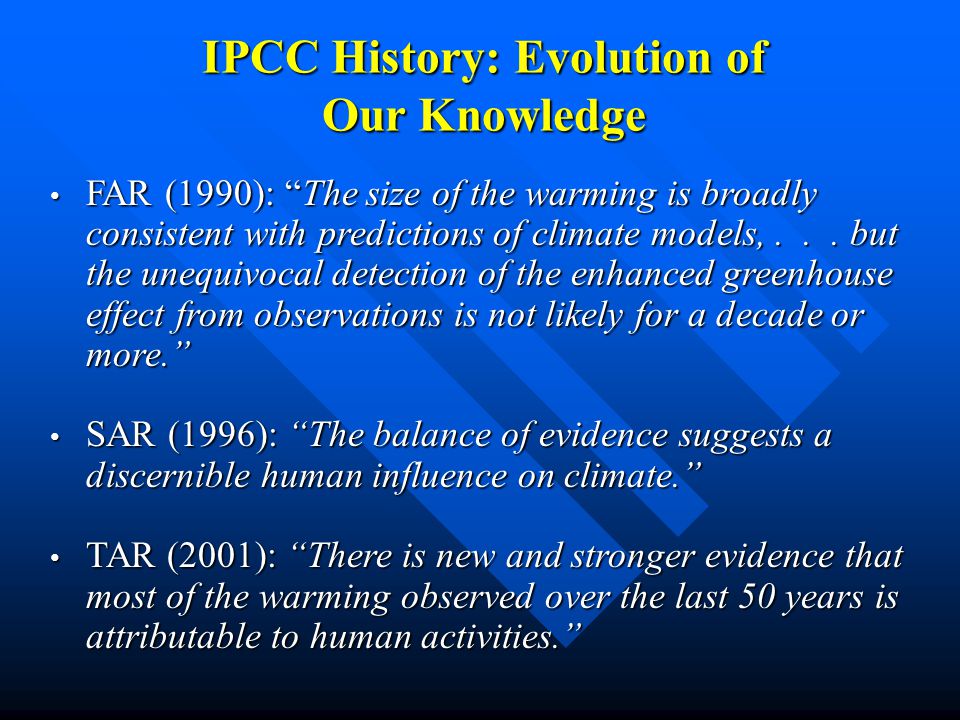 IPCC History: Evolution of Our Knowledge FAR (1990): The size of the warming is broadly consistent with predictions of climate models,...