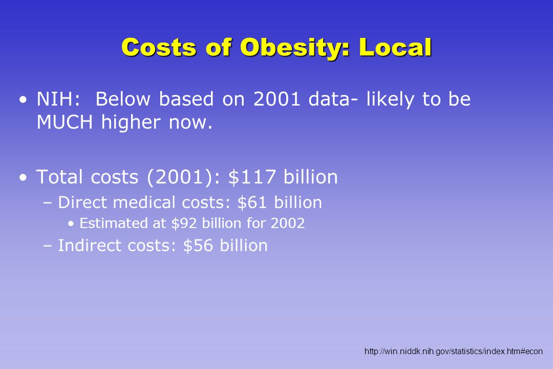 Costs of Obesity: Local NIH: Below based on 2001 data- likely to be MUCH higher now.