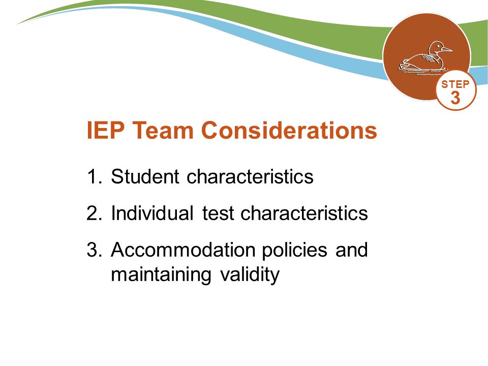1.Student characteristics 2.Individual test characteristics 3.Accommodation policies and maintaining validity IEP Team Considerations STEP 3