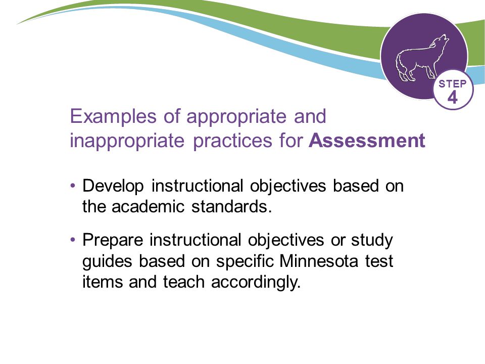 Examples of appropriate and inappropriate practices for Assessment Develop instructional objectives based on the academic standards.