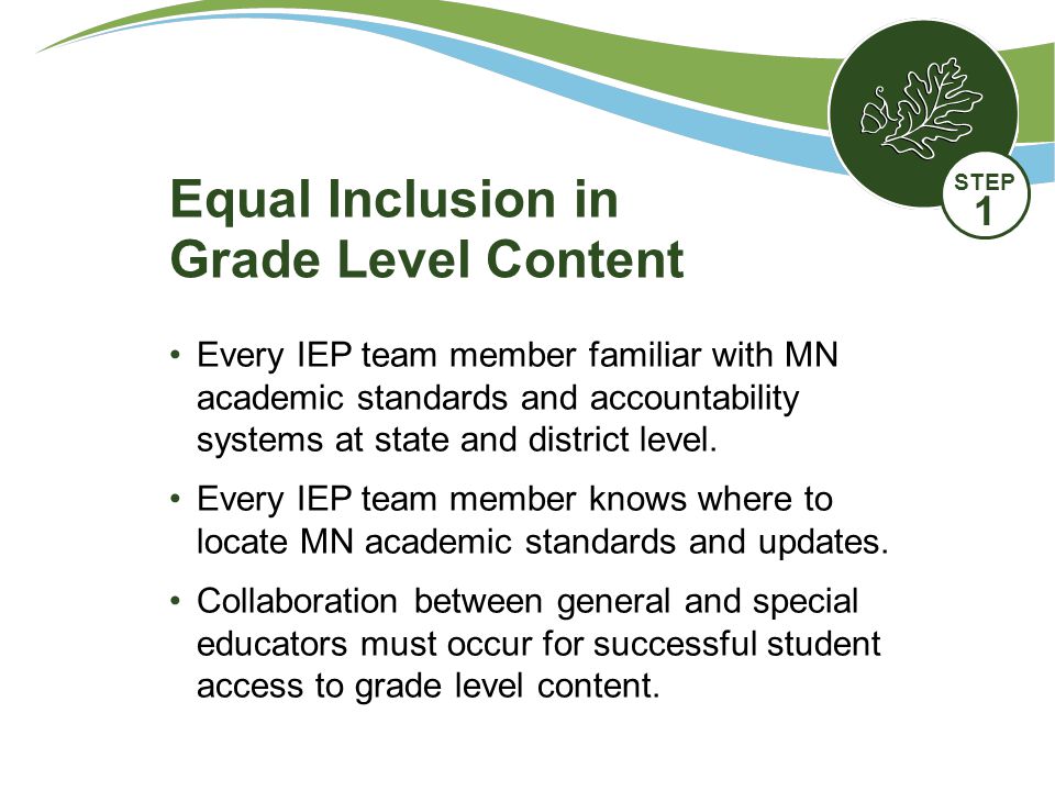 Equal Inclusion in Grade Level Content Every IEP team member familiar with MN academic standards and accountability systems at state and district level.