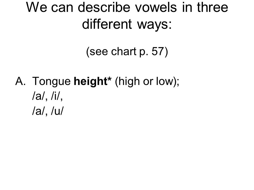 We can describe vowels in three different ways: (see chart p.