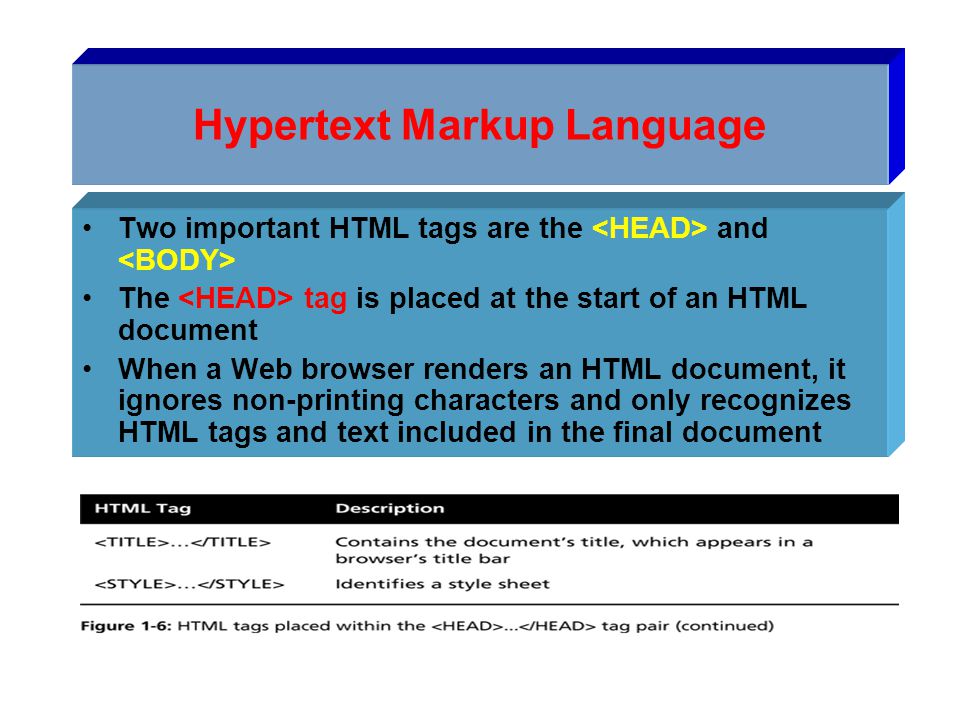 Hypertext Markup Language Two important HTML tags are the and The tag is placed at the start of an HTML document When a Web browser renders an HTML document, it ignores non-printing characters and only recognizes HTML tags and text included in the final document