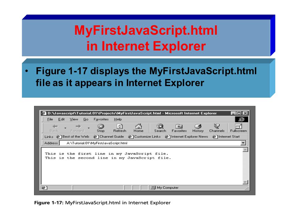 MyFirstJavaScript.html in Internet Explorer Figure 1-17 displays the MyFirstJavaScript.html file as it appears in Internet Explorer