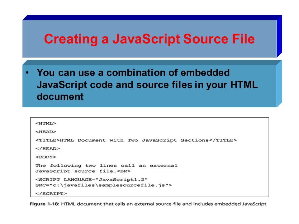 Creating a JavaScript Source File You can use a combination of embedded JavaScript code and source files in your HTML document
