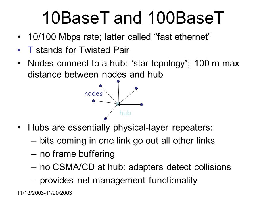 11/18/ /20/ BaseT and 100BaseT 10/100 Mbps rate; latter called fast ethernet T stands for Twisted Pair Nodes connect to a hub: star topology ; 100 m max distance between nodes and hub Hubs are essentially physical-layer repeaters: –bits coming in one link go out all other links –no frame buffering –no CSMA/CD at hub: adapters detect collisions –provides net management functionality hub nodes