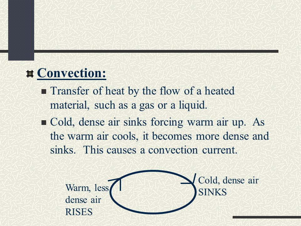 Convection: Transfer of heat by the flow of a heated material, such as a gas or a liquid.