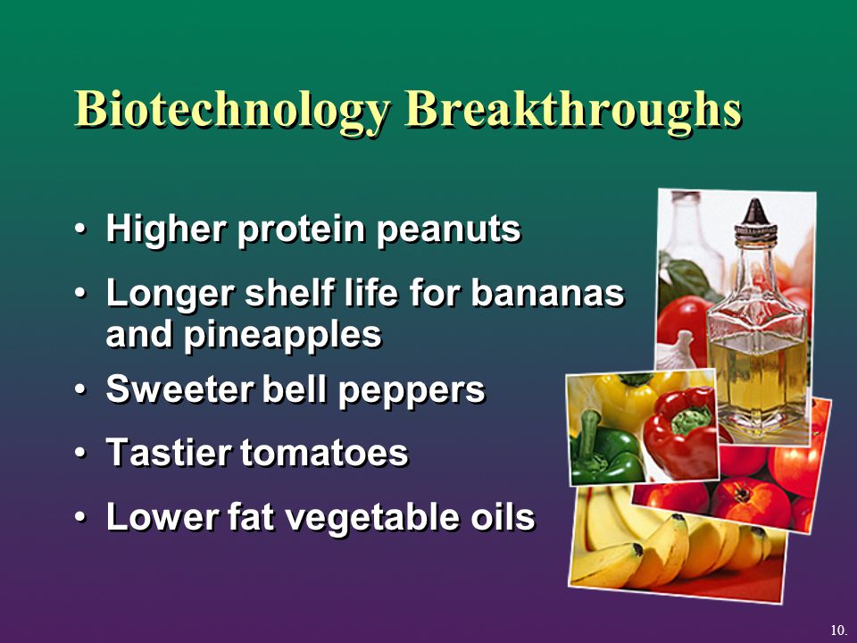 Biotechnology Breakthroughs Higher protein peanuts Longer shelf life for bananas and pineapples Sweeter bell peppers Tastier tomatoes Lower fat vegetable oils Higher protein peanuts Longer shelf life for bananas and pineapples Sweeter bell peppers Tastier tomatoes Lower fat vegetable oils 10.