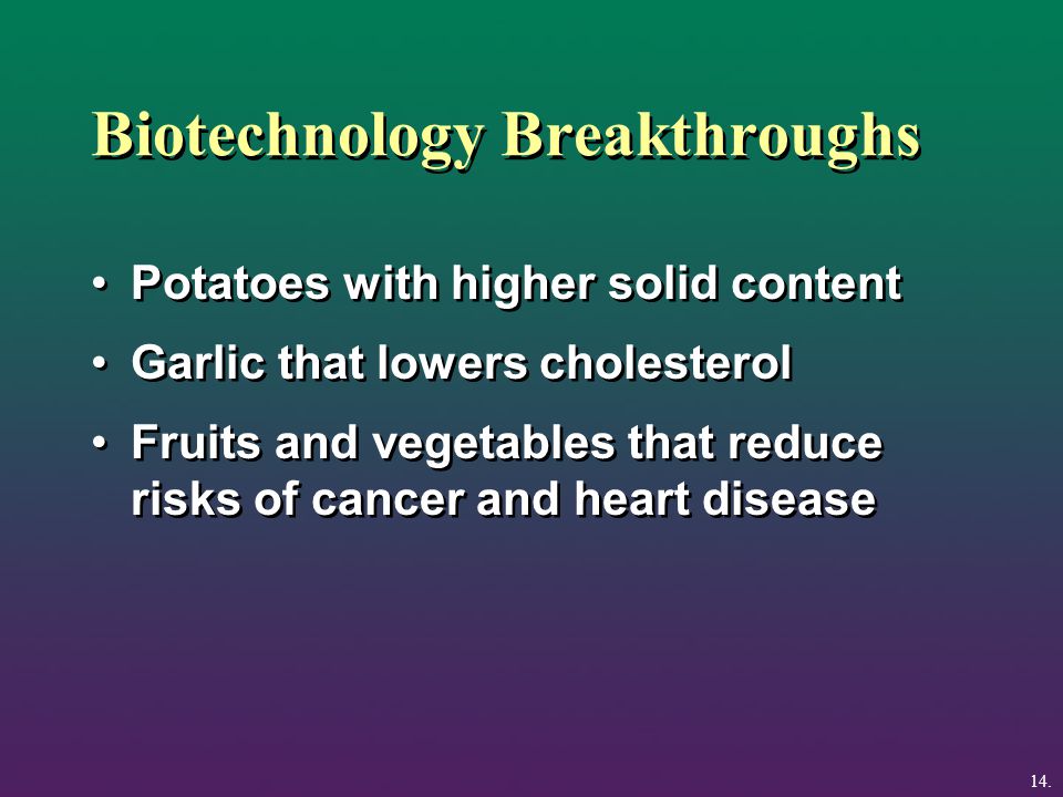 Biotechnology Breakthroughs Potatoes with higher solid content Garlic that lowers cholesterol Fruits and vegetables that reduce risks of cancer and heart disease Potatoes with higher solid content Garlic that lowers cholesterol Fruits and vegetables that reduce risks of cancer and heart disease 14.