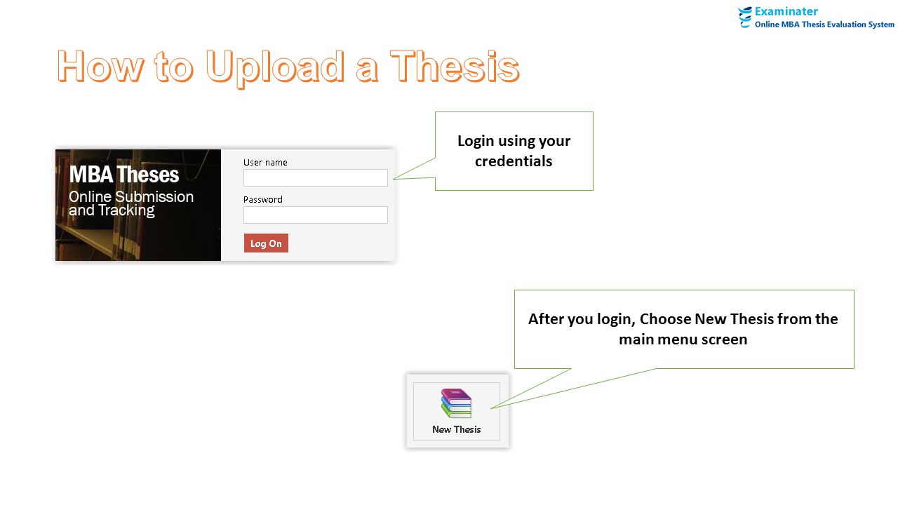 Login using your credentials After you login, Choose New Thesis from the main menu screen