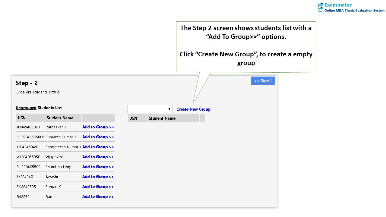 The Step 2 screen shows students list with a Add To Group>> options.