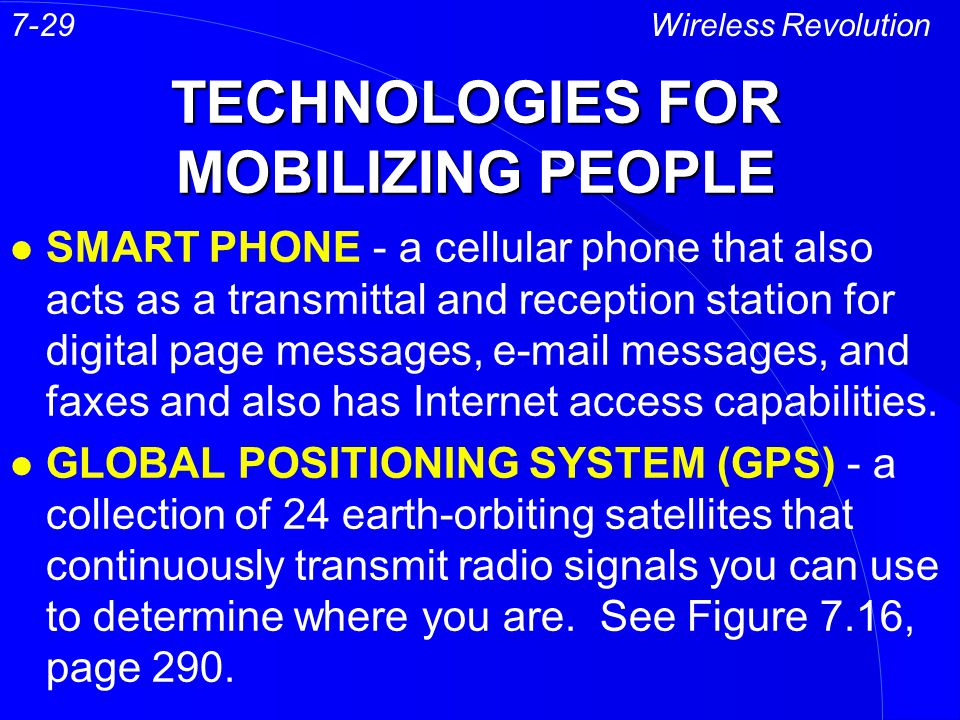 TECHNOLOGIES FOR MOBILIZING PEOPLE l SMART PHONE - a cellular phone that also acts as a transmittal and reception station for digital page messages,  messages, and faxes and also has Internet access capabilities.
