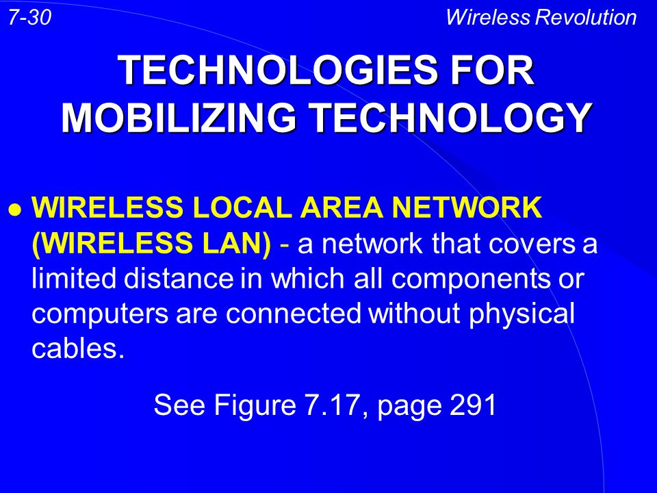 TECHNOLOGIES FOR MOBILIZING TECHNOLOGY l WIRELESS LOCAL AREA NETWORK (WIRELESS LAN) - a network that covers a limited distance in which all components or computers are connected without physical cables.