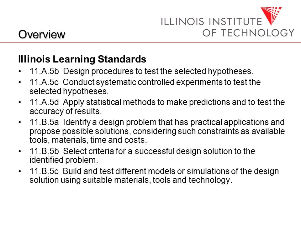 Overview Illinois Learning Standards 11.A.5b Design procedures to test the selected hypotheses.