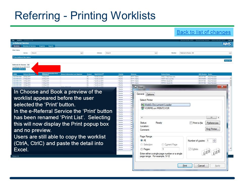 Referring - Printing Worklists In Choose and Book a preview of the worklist appeared before the user selected the ‘Print’ button.