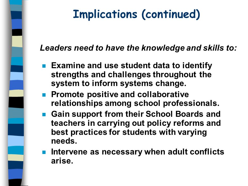 Implications (continued) Leaders need to have the knowledge and skills to: n Examine and use student data to identify strengths and challenges throughout the system to inform systems change.