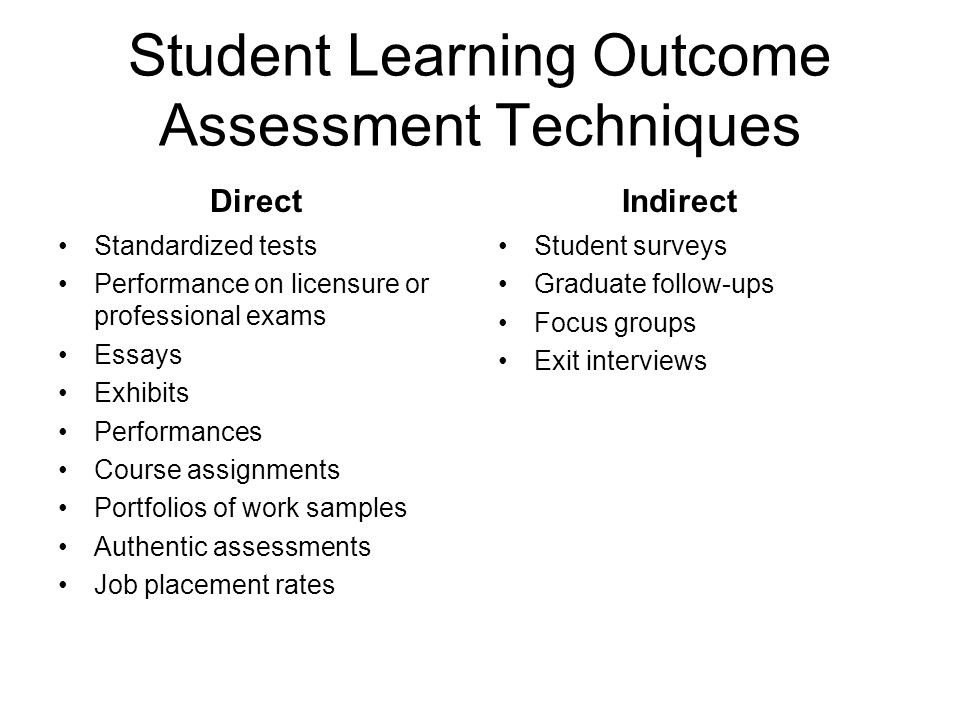Student Learning Outcome Assessment Techniques Standardized tests Performance on licensure or professional exams Essays Exhibits Performances Course assignments Portfolios of work samples Authentic assessments Job placement rates Student surveys Graduate follow-ups Focus groups Exit interviews DirectIndirect