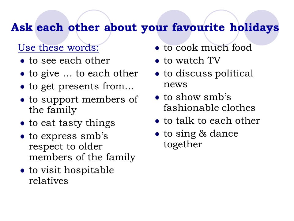Ask each other about your favourite holidays Use these words: to see each other to give … to each other to get presents from… to support members of the family to eat tasty things to express smb’s respect to older members of the family to visit hospitable relatives to cook much food to watch TV to discuss political news to show smb’s fashionable clothes to talk to each other to sing & dance together