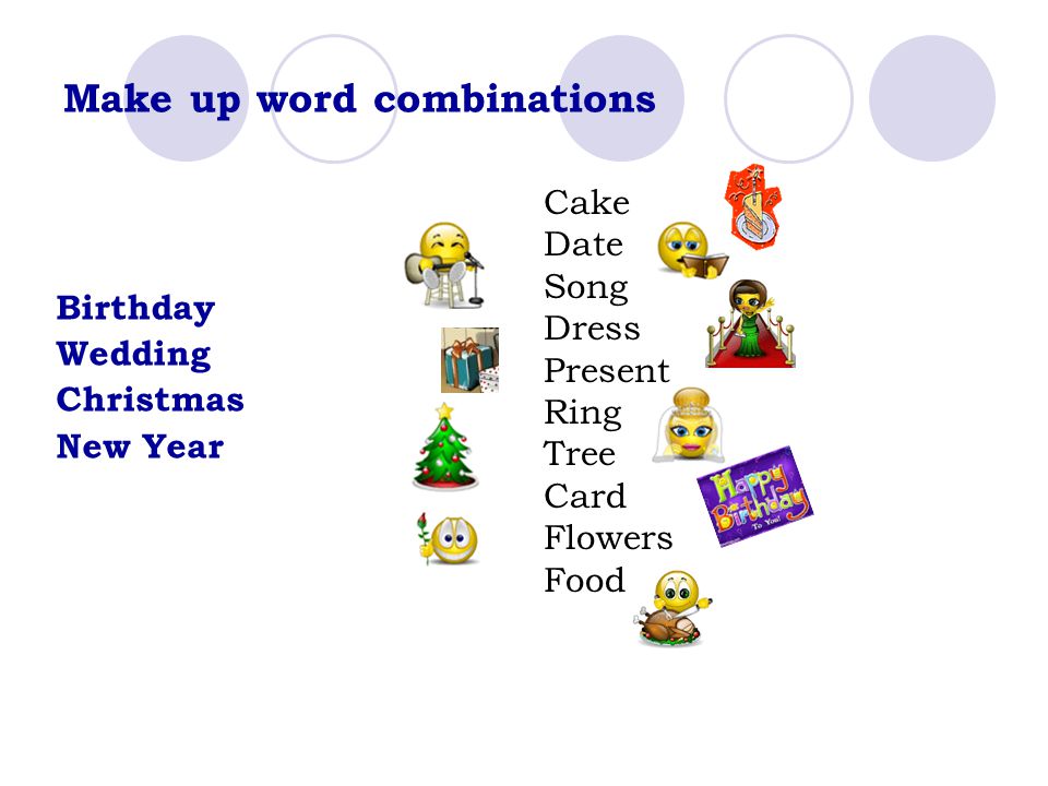 Make up word combinations Birthday Wedding Christmas New Year Cake Date Song Dress Present Ring Tree Card Flowers Food