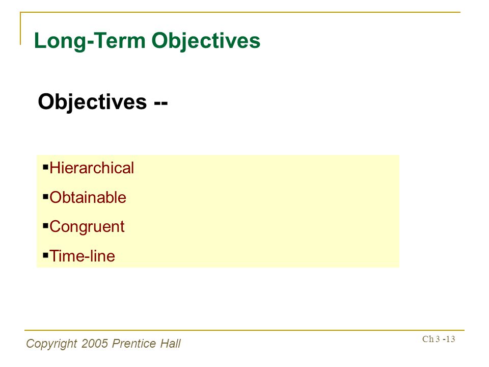 Copyright 2005 Prentice Hall Ch Long-Term Objectives Objectives --  Hierarchical  Obtainable  Congruent  Time-line