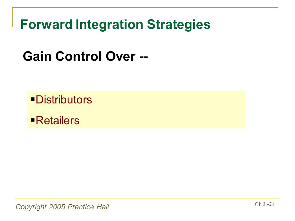 Copyright 2005 Prentice Hall Ch Forward Integration Strategies Gain Control Over --  Distributors  Retailers