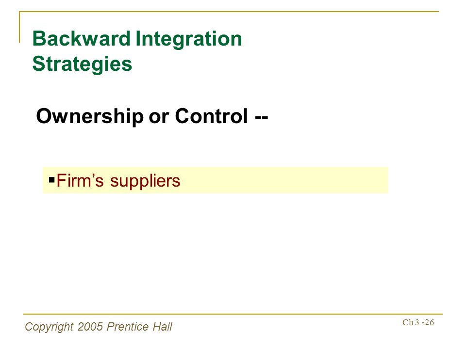 Copyright 2005 Prentice Hall Ch Backward Integration Strategies Ownership or Control --  Firm’s suppliers