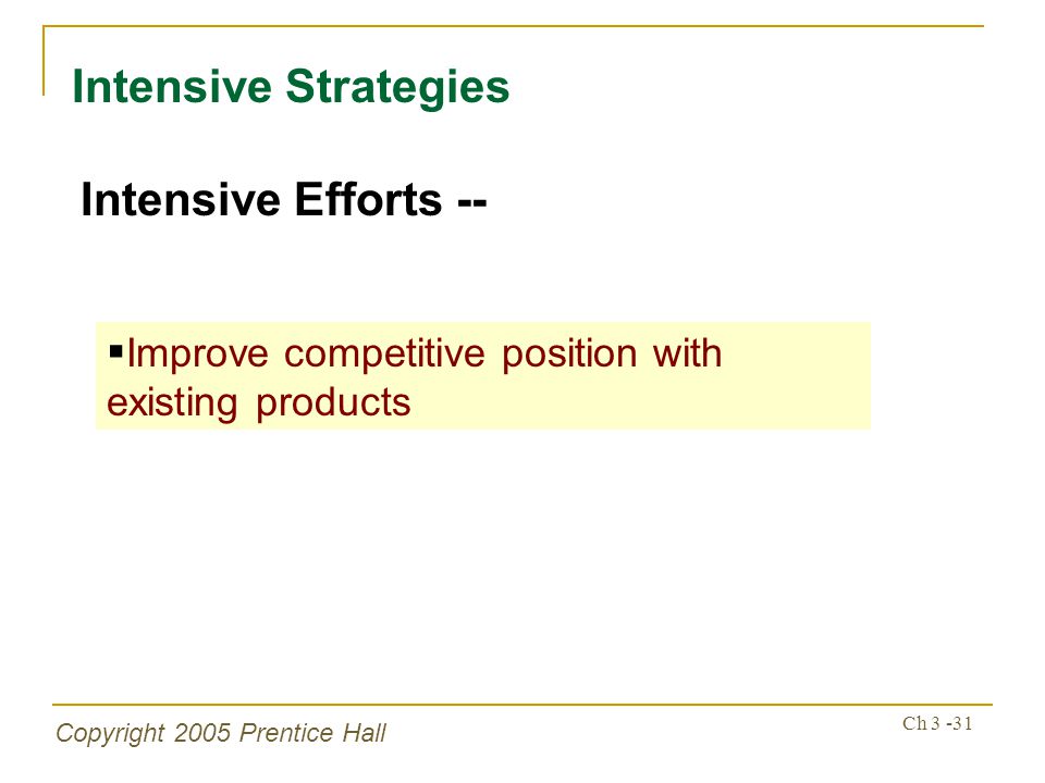 Copyright 2005 Prentice Hall Ch Intensive Strategies Intensive Efforts --  Improve competitive position with existing products