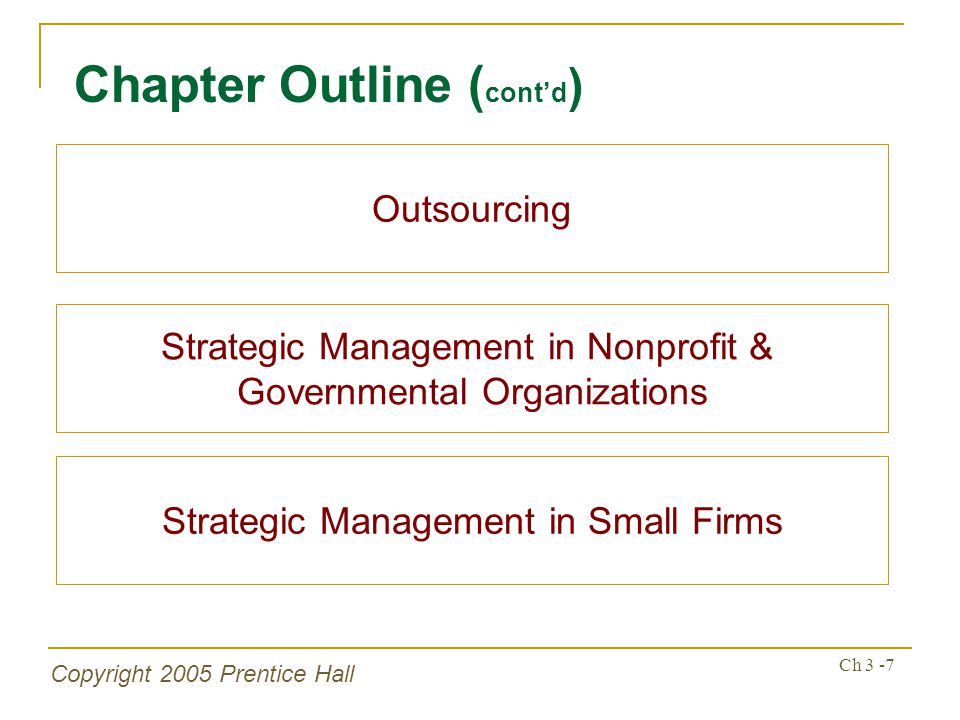 Copyright 2005 Prentice Hall Ch 3 -7 Chapter Outline ( cont’d ) Outsourcing Strategic Management in Nonprofit & Governmental Organizations Strategic Management in Small Firms