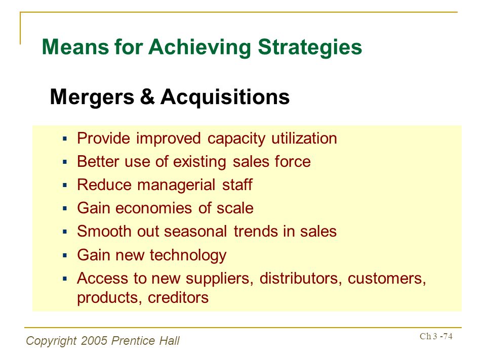 Copyright 2005 Prentice Hall Ch Means for Achieving Strategies  Provide improved capacity utilization  Better use of existing sales force  Reduce managerial staff  Gain economies of scale  Smooth out seasonal trends in sales  Gain new technology  Access to new suppliers, distributors, customers, products, creditors Mergers & Acquisitions