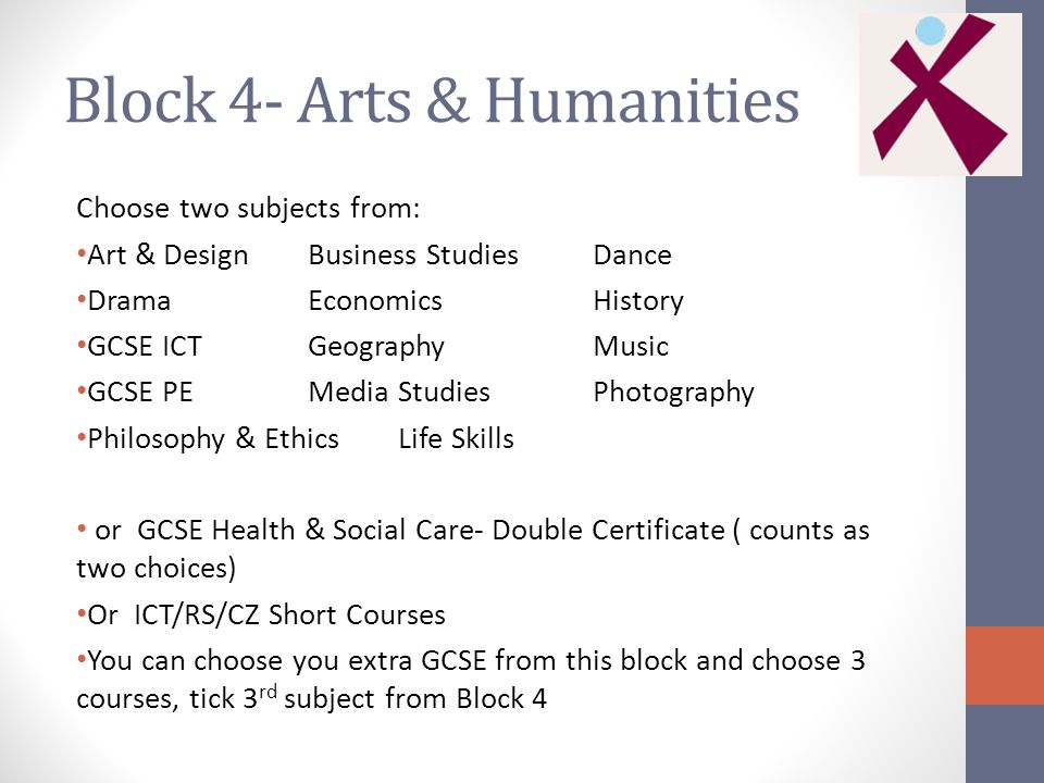 Block 4- Arts & Humanities Choose two subjects from: Art & Design Business Studies Dance Drama Economics History GCSE ICT Geography Music GCSE PE Media Studies Photography Philosophy & Ethics Life Skills or GCSE Health & Social Care- Double Certificate ( counts as two choices) Or ICT/RS/CZ Short Courses You can choose you extra GCSE from this block and choose 3 courses, tick 3 rd subject from Block 4