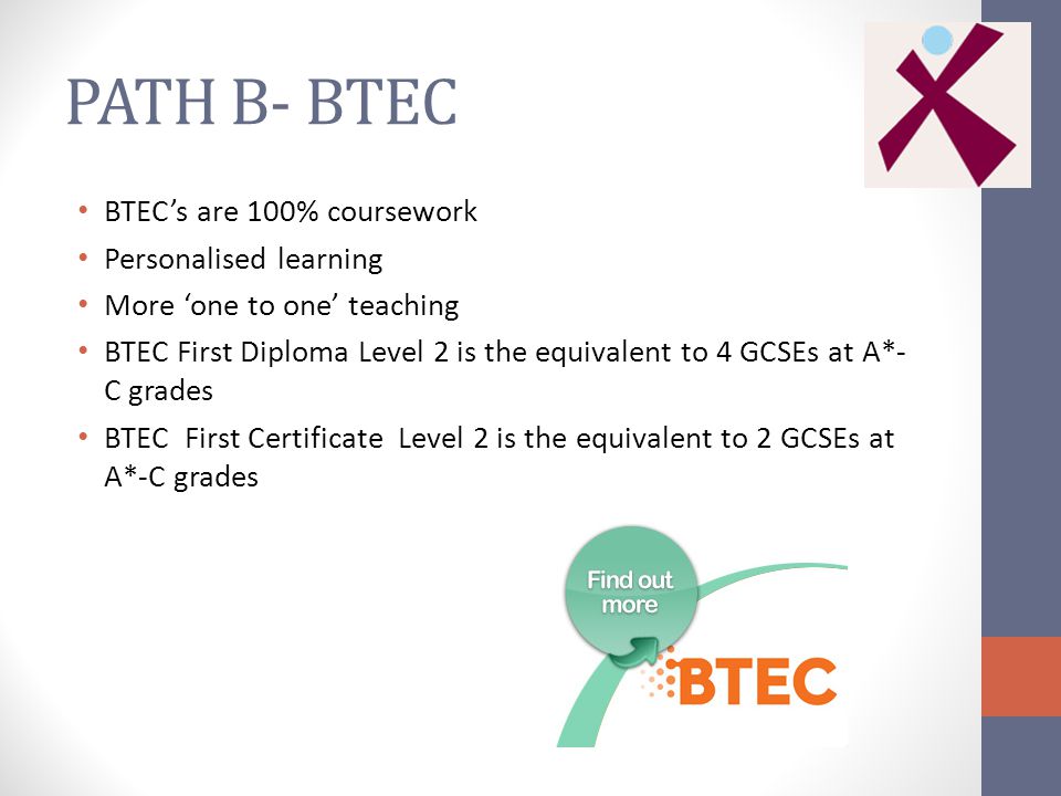 PATH B- BTEC BTEC’s are 100% coursework Personalised learning More ‘one to one’ teaching BTEC First Diploma Level 2 is the equivalent to 4 GCSEs at A*- C grades BTEC First Certificate Level 2 is the equivalent to 2 GCSEs at A*-C grades