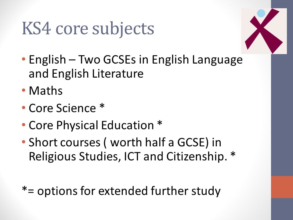 KS4 core subjects English – Two GCSEs in English Language and English Literature Maths Core Science * Core Physical Education * Short courses ( worth half a GCSE) in Religious Studies, ICT and Citizenship.