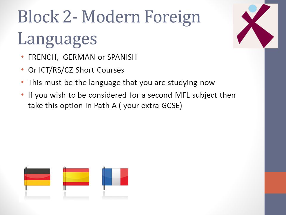 Block 2- Modern Foreign Languages FRENCH, GERMAN or SPANISH Or ICT/RS/CZ Short Courses This must be the language that you are studying now If you wish to be considered for a second MFL subject then take this option in Path A ( your extra GCSE)