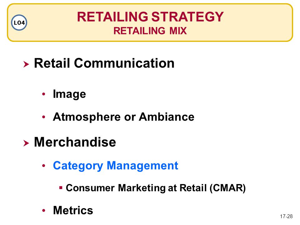 RETAILING STRATEGY RETAILING MIX LO4  Retail Communication Atmosphere or Ambiance Image  Merchandise Category Management Metrics  Consumer Marketing at Retail (CMAR) 17-28