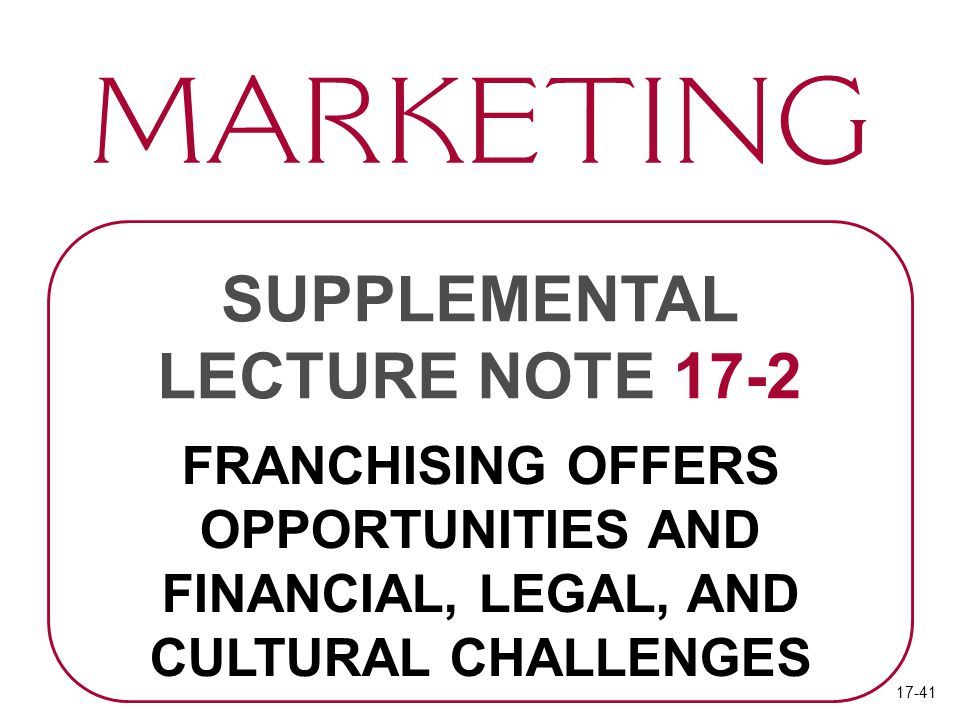 FRANCHISING OFFERS OPPORTUNITIES AND FINANCIAL, LEGAL, AND CULTURAL CHALLENGES SUPPLEMENTAL LECTURE NOTE