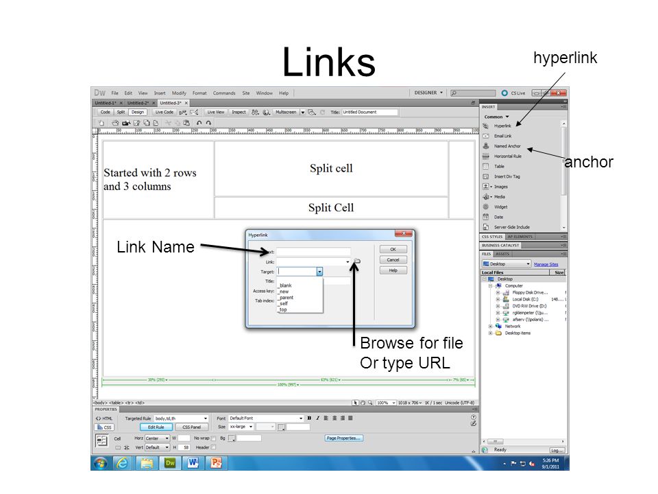 Links hyperlink anchor Browse for file Or type URL Link Name