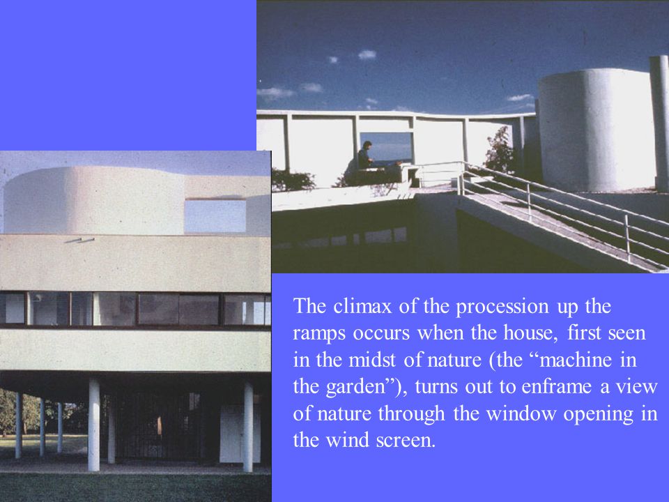 The climax of the procession up the ramps occurs when the house, first seen in the midst of nature (the machine in the garden ), turns out to enframe a view of nature through the window opening in the wind screen.