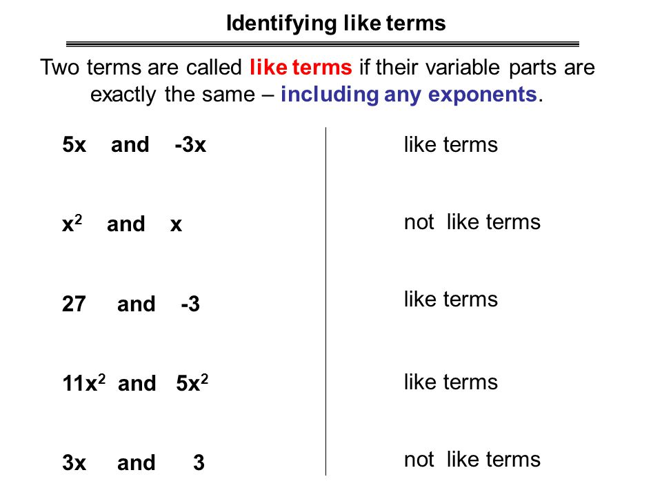 Identifying like terms Two terms are called like terms if their variable parts are exactly the same – including any exponents.