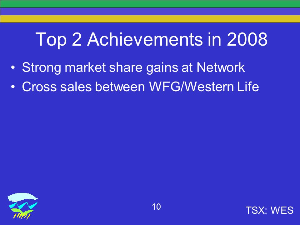 TSX: WES 10 Top 2 Achievements in 2008 Strong market share gains at Network Cross sales between WFG/Western Life