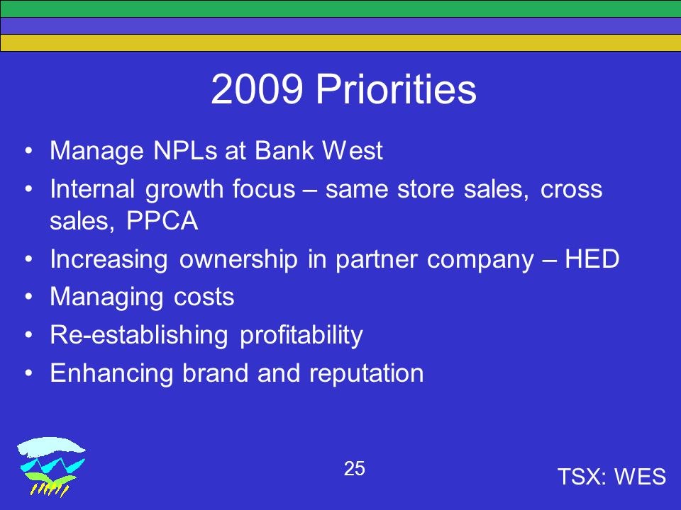 TSX: WES Priorities Manage NPLs at Bank West Internal growth focus – same store sales, cross sales, PPCA Increasing ownership in partner company – HED Managing costs Re-establishing profitability Enhancing brand and reputation
