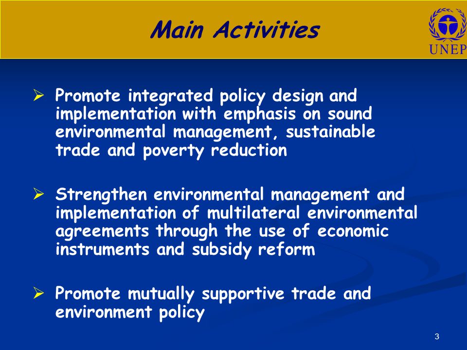 3 Main Activities   Promote integrated policy design and implementation with emphasis on sound environmental management, sustainable trade and poverty reduction   Strengthen environmental management and implementation of multilateral environmental agreements through the use of economic instruments and subsidy reform   Promote mutually supportive trade and environment policy