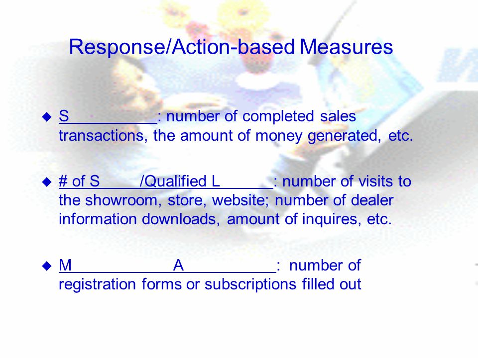 Response/Action-based Measures u S : number of completed sales transactions, the amount of money generated, etc.